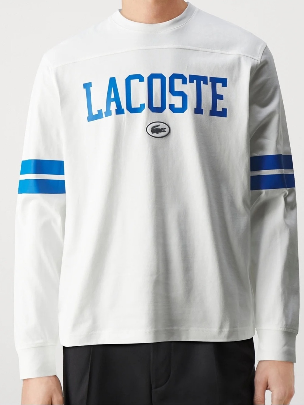 Lacoste White Long Sleeve Crew with Bold Blue Logo